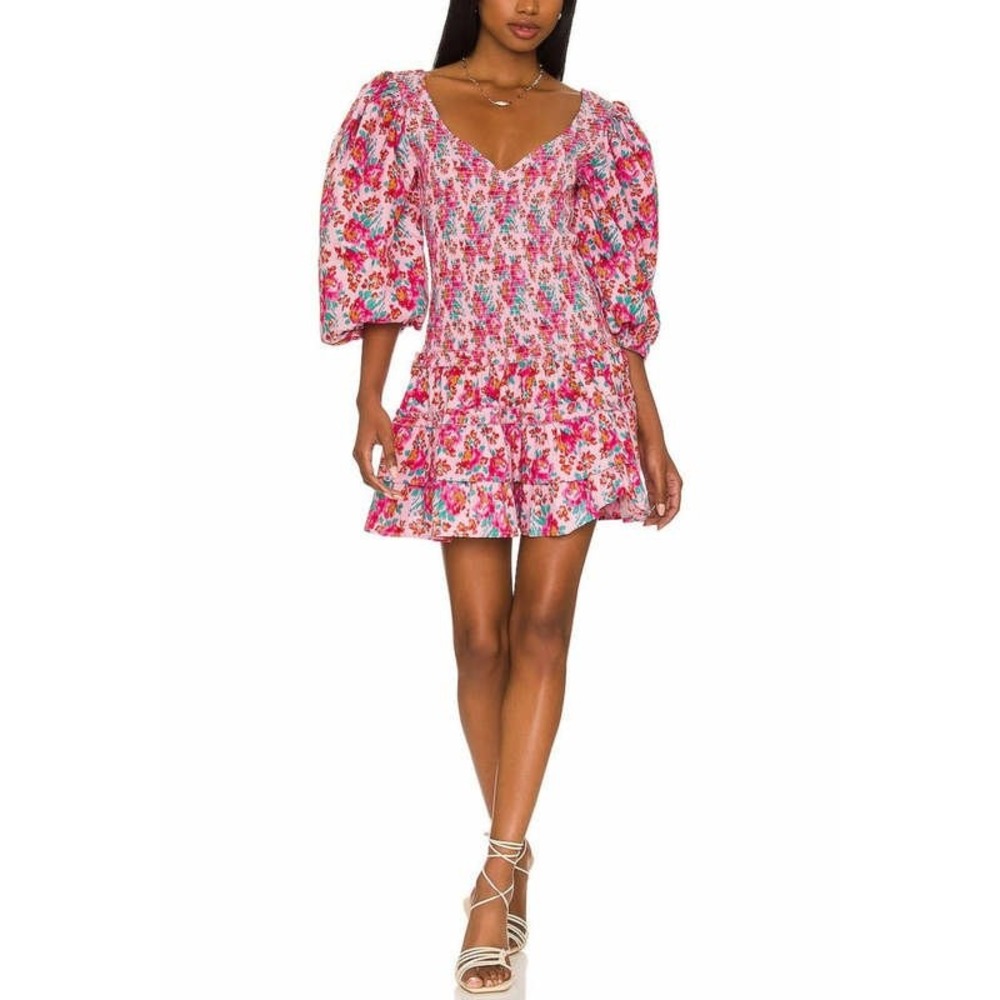 Revolve Love The Label Women's Audrey Mini Dress Khaleesi Raspberry Print Size S